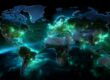 Futuristische Weltkarte mit leuchtenden Datenströmen – Symbol für die Geschichte und globale Vernetzung des Internets
