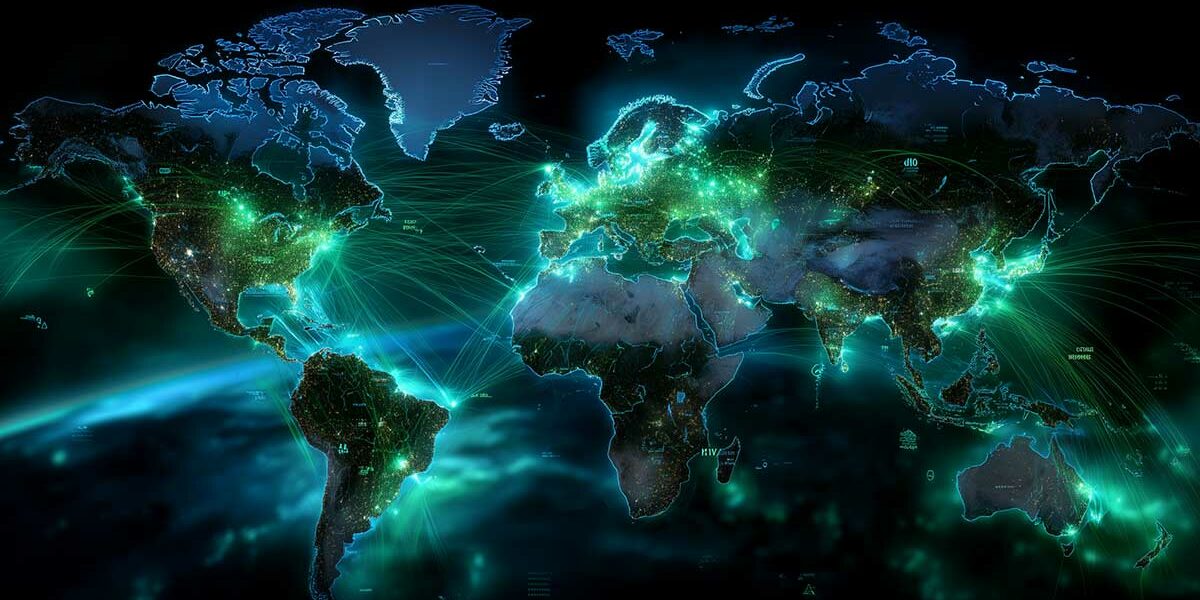 Futuristische Weltkarte mit leuchtenden Datenströmen – Symbol für die Geschichte und globale Vernetzung des Internets