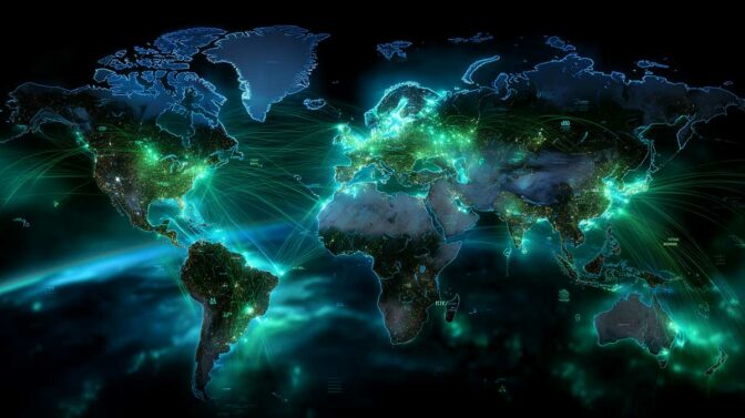 globale-vernetzung-internets-geschichte Futuristische Weltkarte mit leuchtenden Datenströmen – Symbol für die Geschichte und globale Vernetzung des Internets